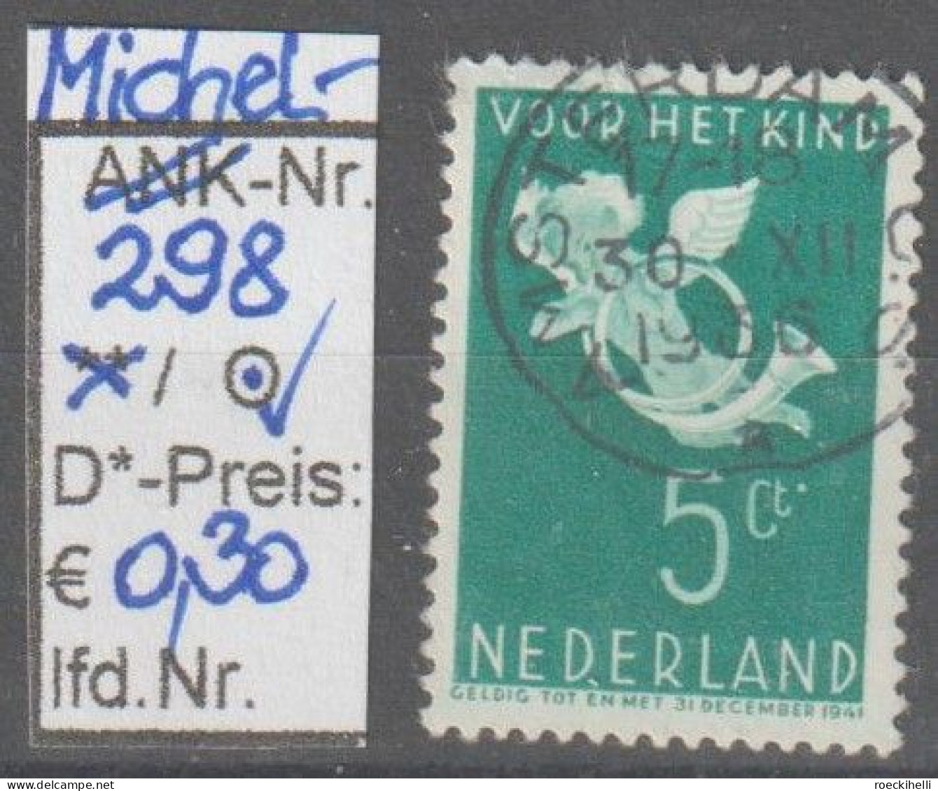 1936 - NIEDERLANDE - SM  "Engel Mit Posthorn" 5 C (+3C) Blaugrün - O Gestempelt - S. Scan (298o Nl) - Gebruikt