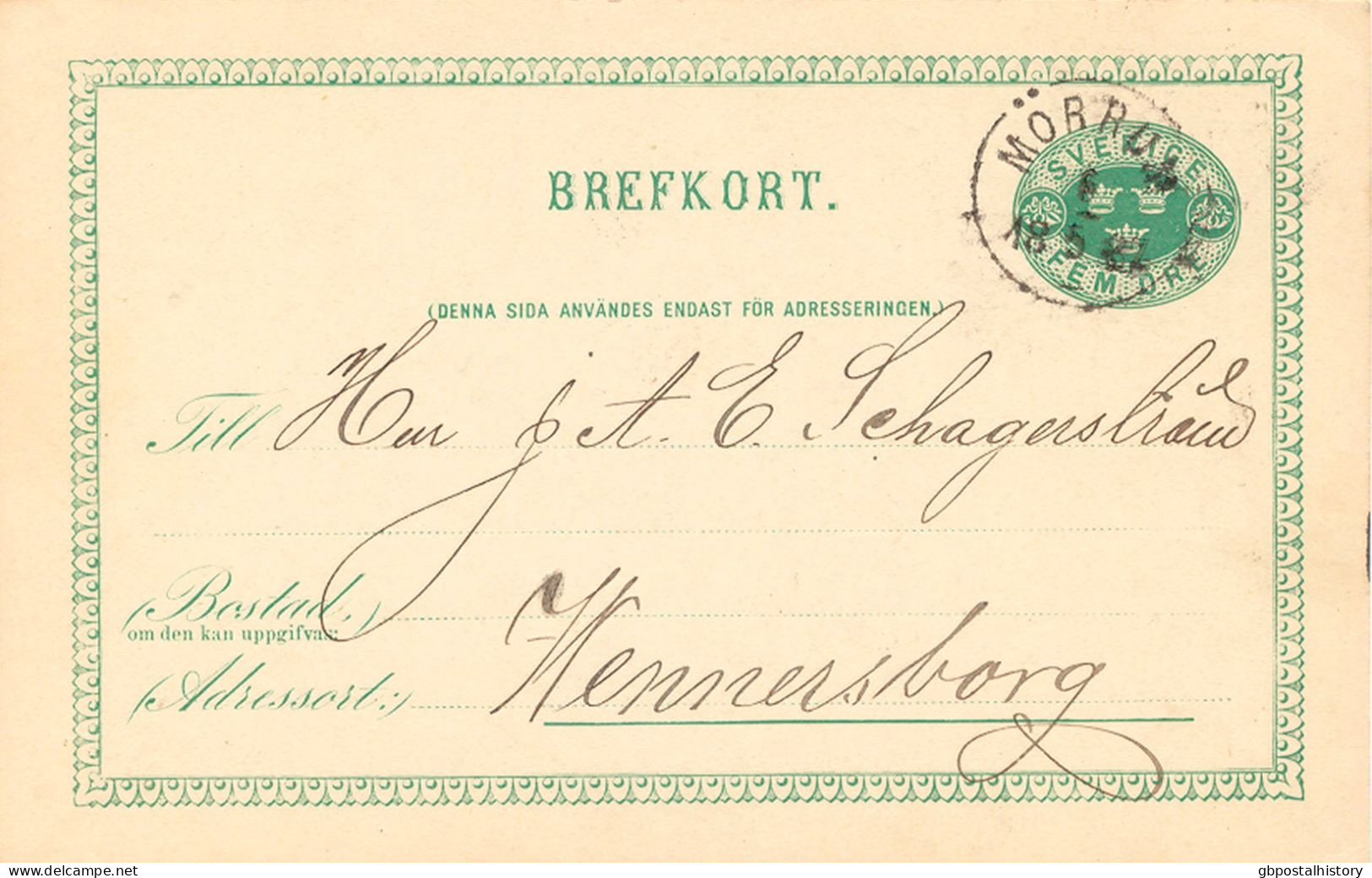 SCHWEDEN 6.5.1887, "MÖRRUM" (MÖRUM) K1 Glasklar A. 5 (FEM) Öre Grün GA-Postkarte, Kab.    SWEDEN VILLAGE POSTMARKS - 1885-1911 Oscar II