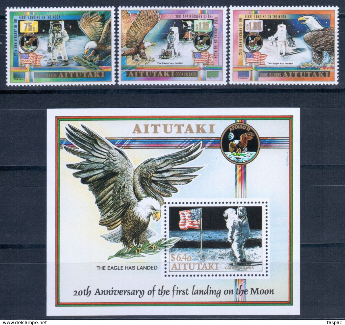 Aitutaki 1964 Mi# 654-656, Block 73 ** MNH - 1st Moon Landing, 20th Anniv. / Space - Oceania