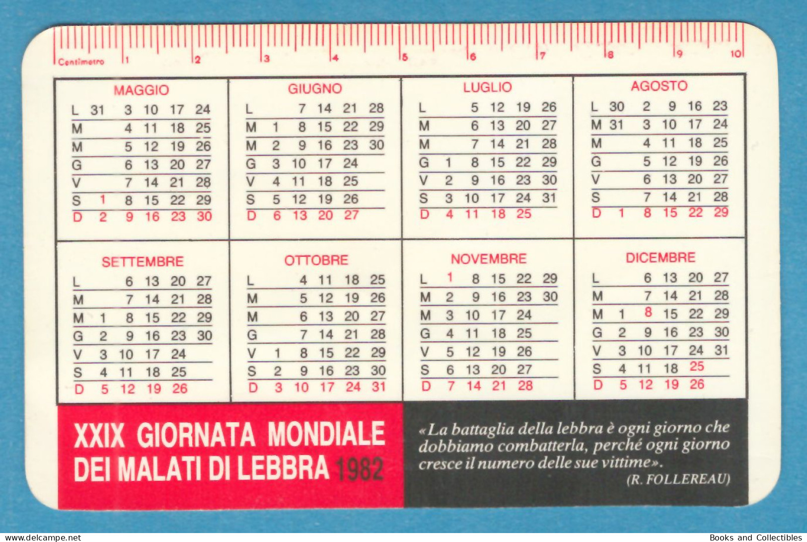 H-0700 * Calendario 1982 10,9 X 7 Cm "XXIX Giornata Mondiale Malati Di Lebbra" Ass. Italiana Amici Di Raoul Follereau - Petit Format : 1981-90