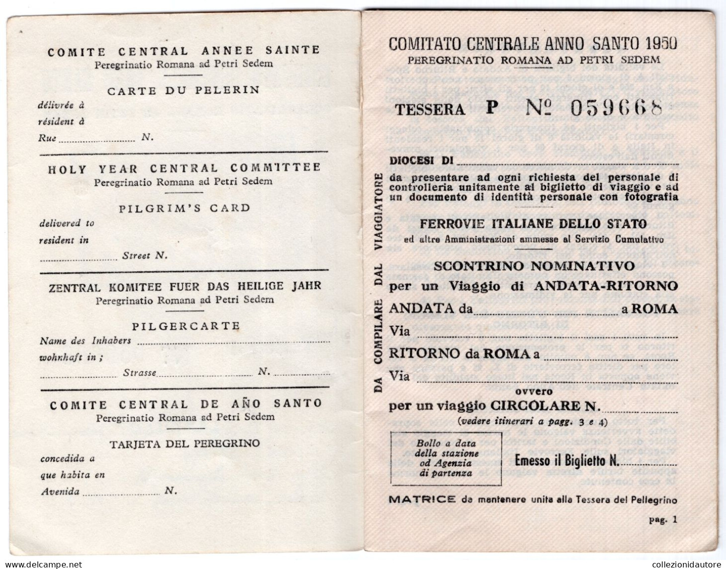 COMITATO CENTRALE ANNO SANTO COMITÉ NATIONAL FRANCAIS DE L'ANNÉE SANT TESSERA N°059668 DEL 1950 PEREGRINATIO 8X12,5 CM - Europe