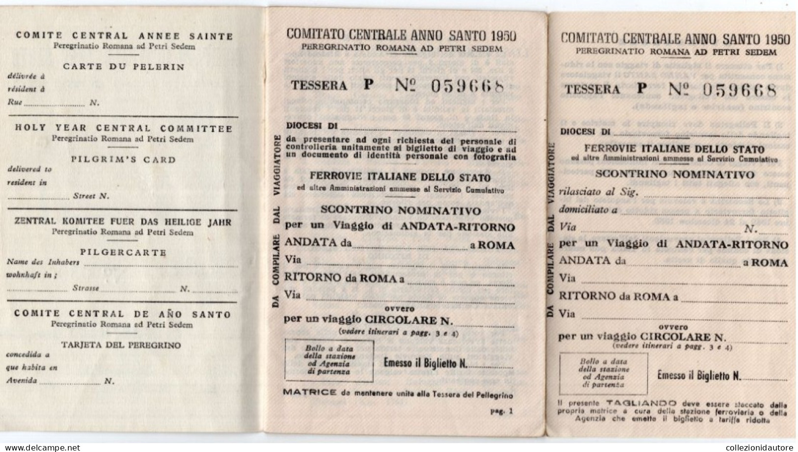 COMITATO CENTRALE ANNO SANTO COMITÉ NATIONAL FRANCAIS DE L'ANNÉE SANT TESSERA N°059668 DEL 1950 PEREGRINATIO 8X12,5 CM - Europe