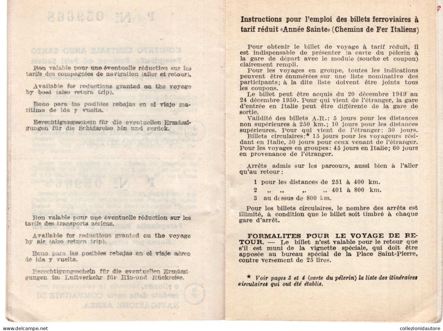 COMITATO CENTRALE ANNO SANTO COMITÉ NATIONAL FRANCAIS DE L'ANNÉE SANT TESSERA N°059668 DEL 1950 PEREGRINATIO 8X12,5 CM