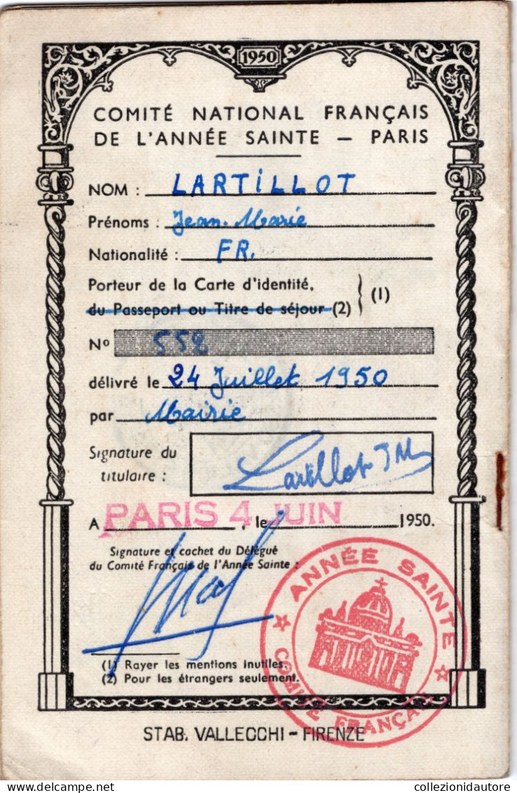 COMITATO CENTRALE ANNO SANTO COMITÉ NATIONAL FRANCAIS DE L'ANNÉE SANT TESSERA N°059668 DEL 1950 PEREGRINATIO 8X12,5 CM