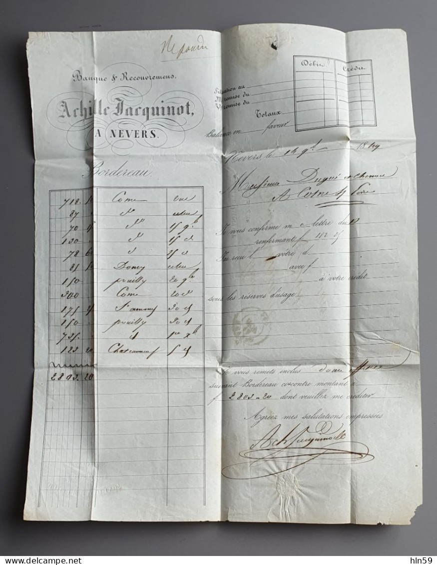 L107 LETTRE 1849 Banque JACQUINOT à Bque DUGUE & CHENOU Timbre à Date Type 13 NEVERS COSNE Taxée à 10 Décimes - Non Classés