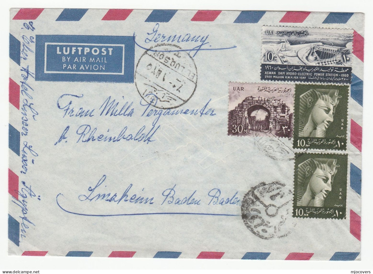 1960 Egypt ARABIC SLOGAN Cover HYDRO ELECTRIC Stamps Air Mail To Germany Electricity Energy - Storia Postale