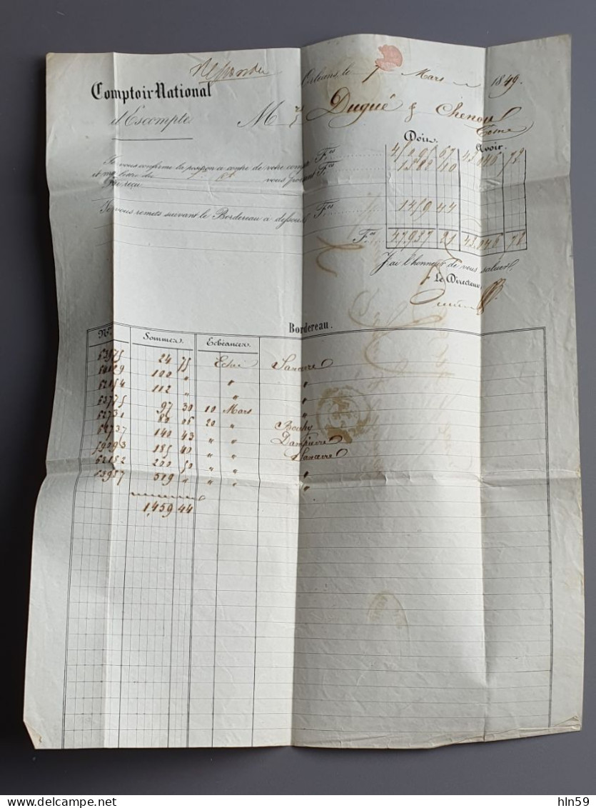 L108 LETTRE 1849 Comptoir D'escompte à Banque DUGUE & CHENOU Timbre à Date Type 13 ORLEANS COSNE Taxée à 4 Décimes - Ohne Zuordnung