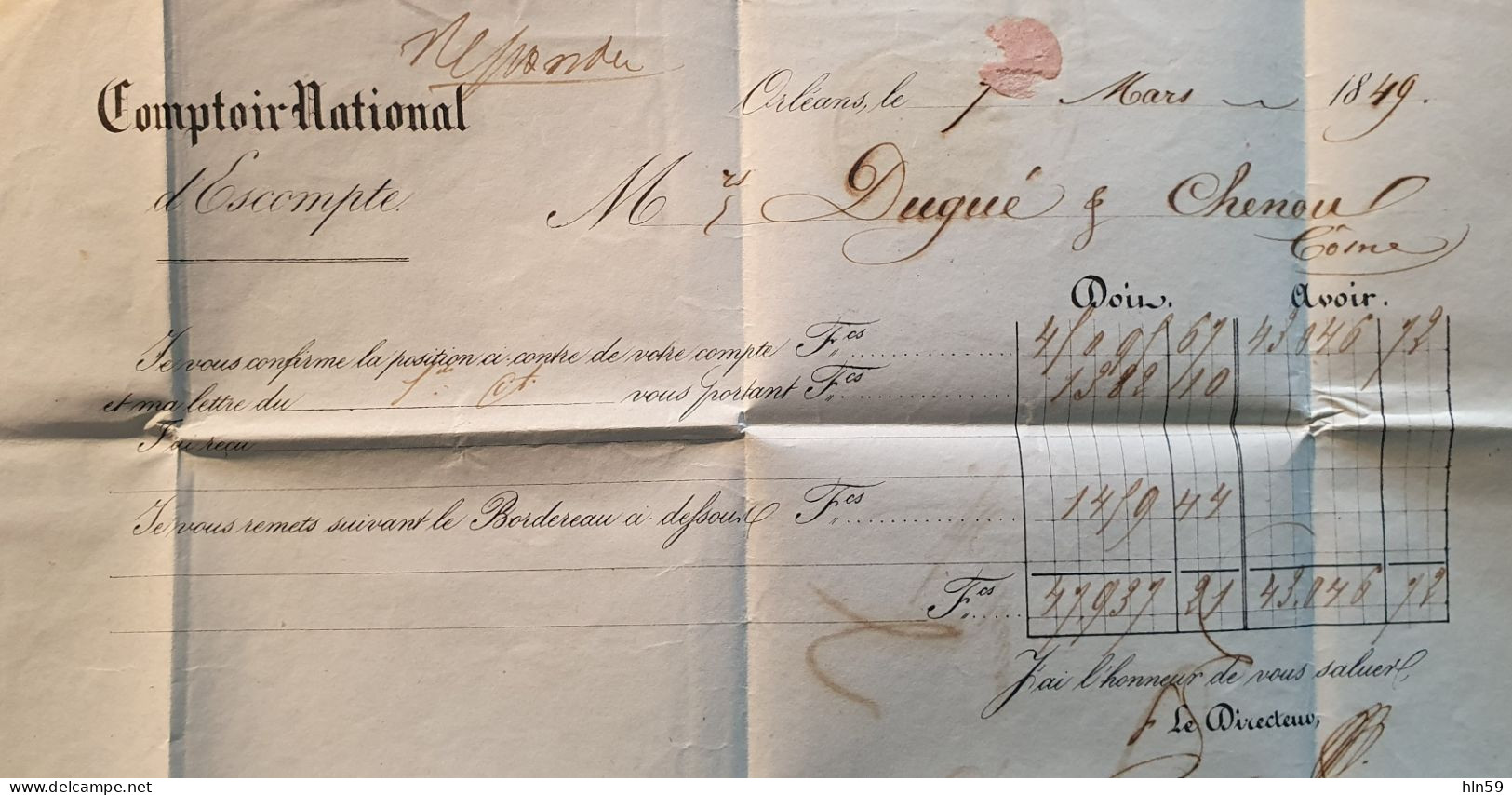 L108 LETTRE 1849 Comptoir D'escompte à Banque DUGUE & CHENOU Timbre à Date Type 13 ORLEANS COSNE Taxée à 4 Décimes - Sin Clasificación