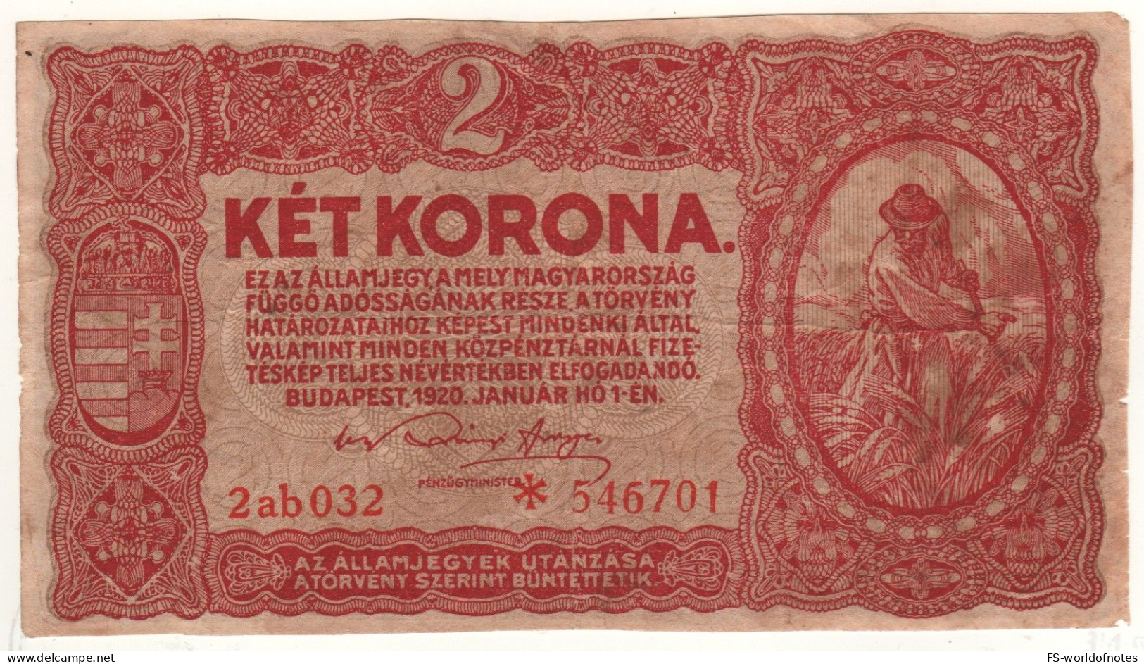 HUNGARY  2 Korona   P58  Dated 01.01.1920  "farmer" - Ungarn