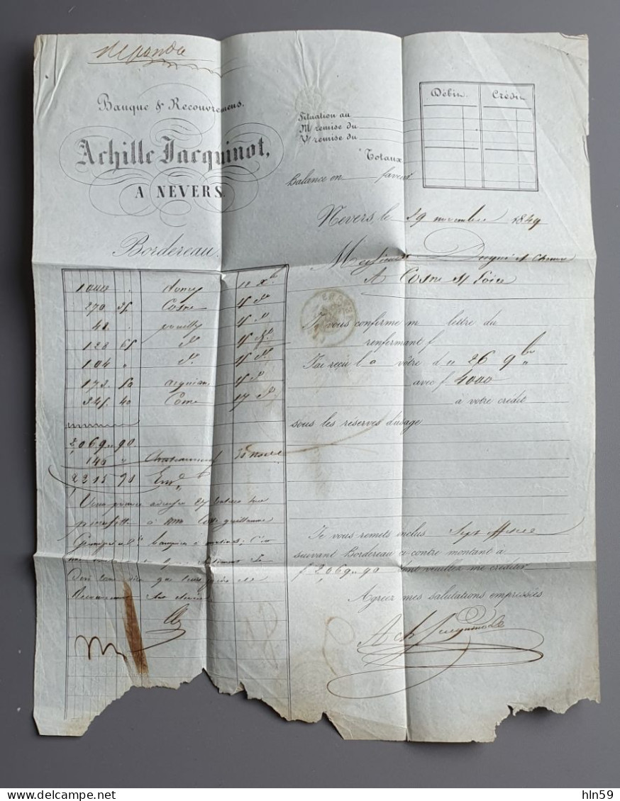 L105 LETTRE 1849 Banque JACQUINOT à Banque DUGUE & CHENOU Timbre à Date Type 13 NEVERS COSNE Taxée à 4 Décimes - Non Classificati