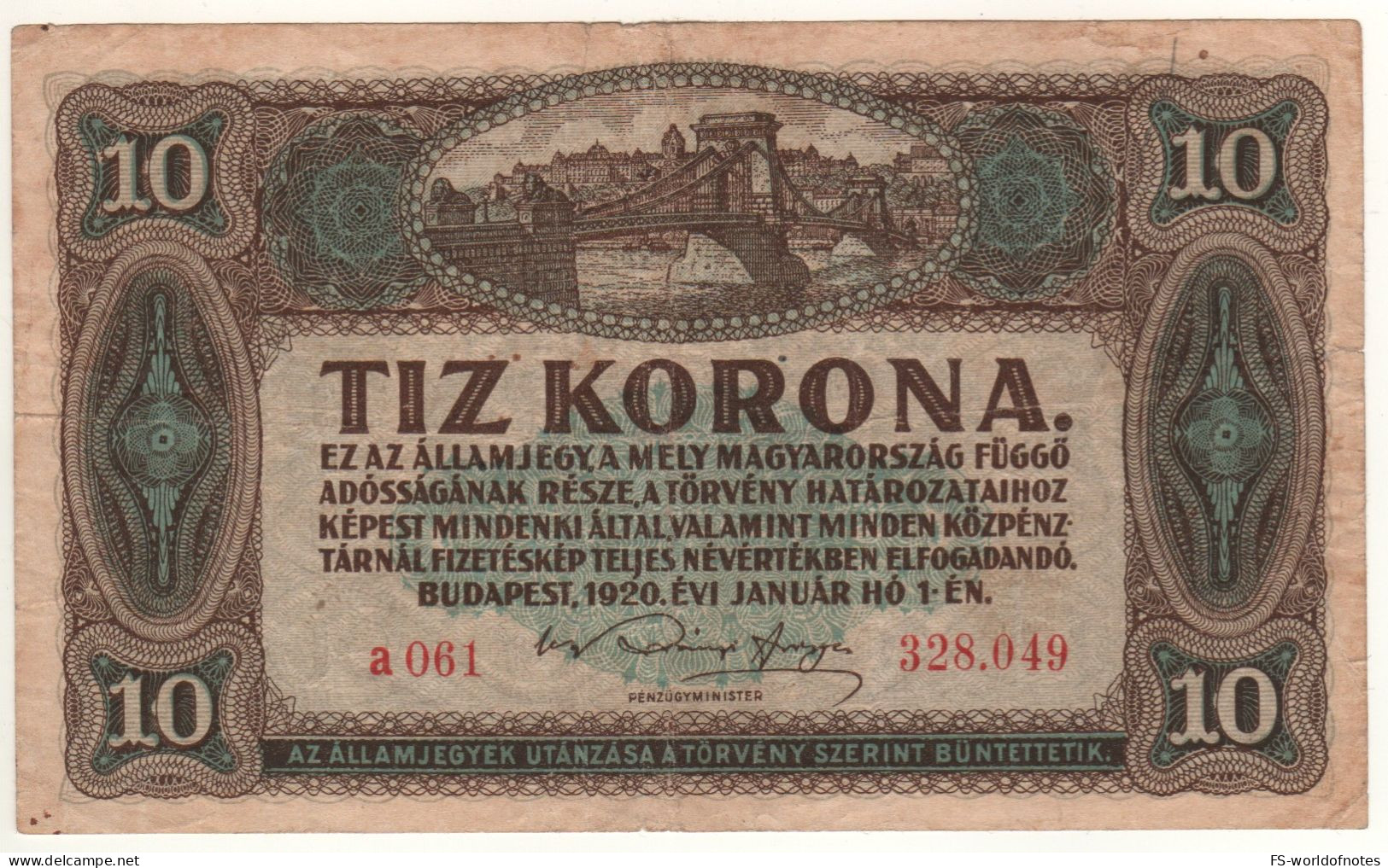 HUNGARY  10  Korona   P60   Dated 01.01.1920  " Budapest " - Hungría