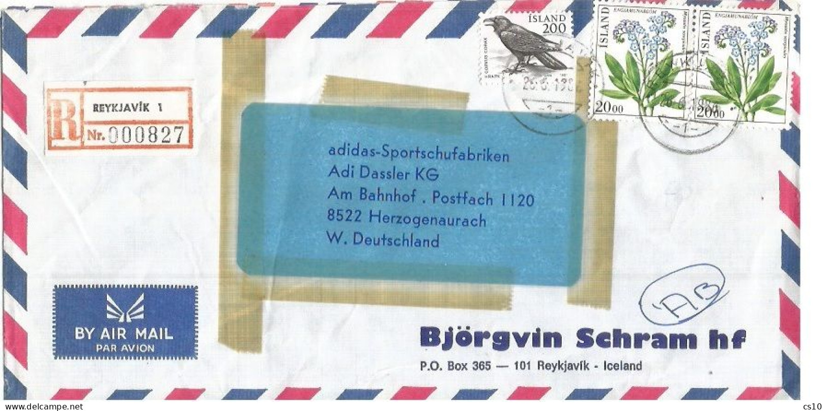 Island Commerce Registered Airmail Cover 26jun1986 To Germany With Flowers 20K Pair + Bird 200ore - Covers & Documents