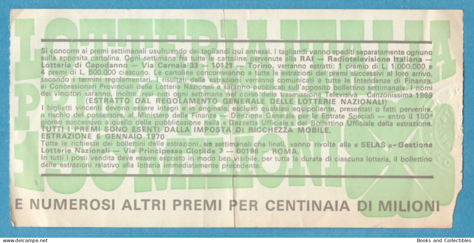 H-0500 * Lotteria Di Capodanno CANZONISSIMA 1969, Lotteria Italia, Lire 500 - Biglietti Della Lotteria