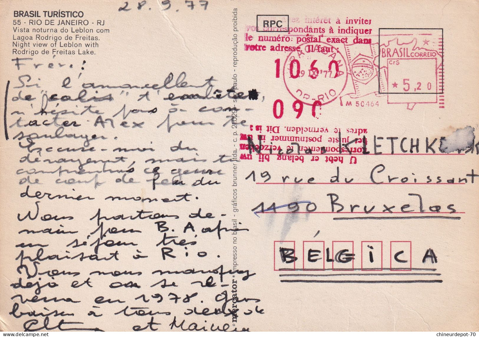 Brasil Turistico Rio De Janeiro Bresil Vers Bruxelas Bruxelles Belgica Belgique - Cartas & Documentos