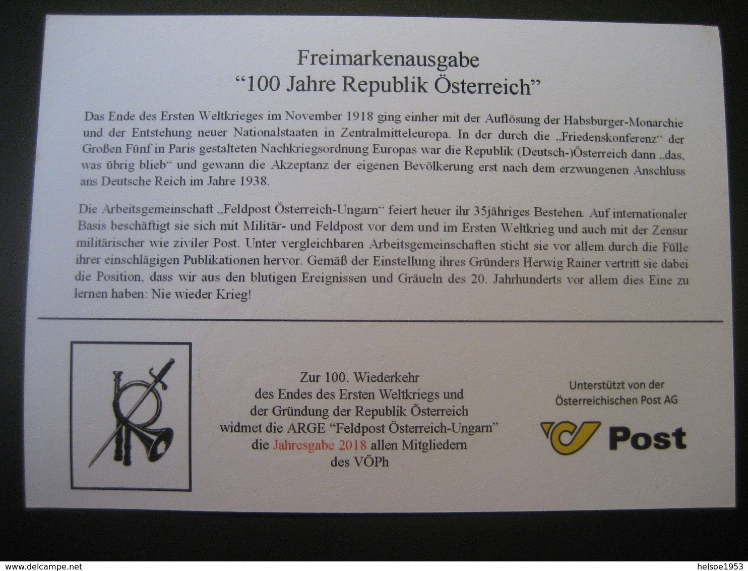 Österreich- VÖPh Jahresgabe 2018 Mit Sondermarke 100 Jahre Republik Österreich - Lettres & Documents