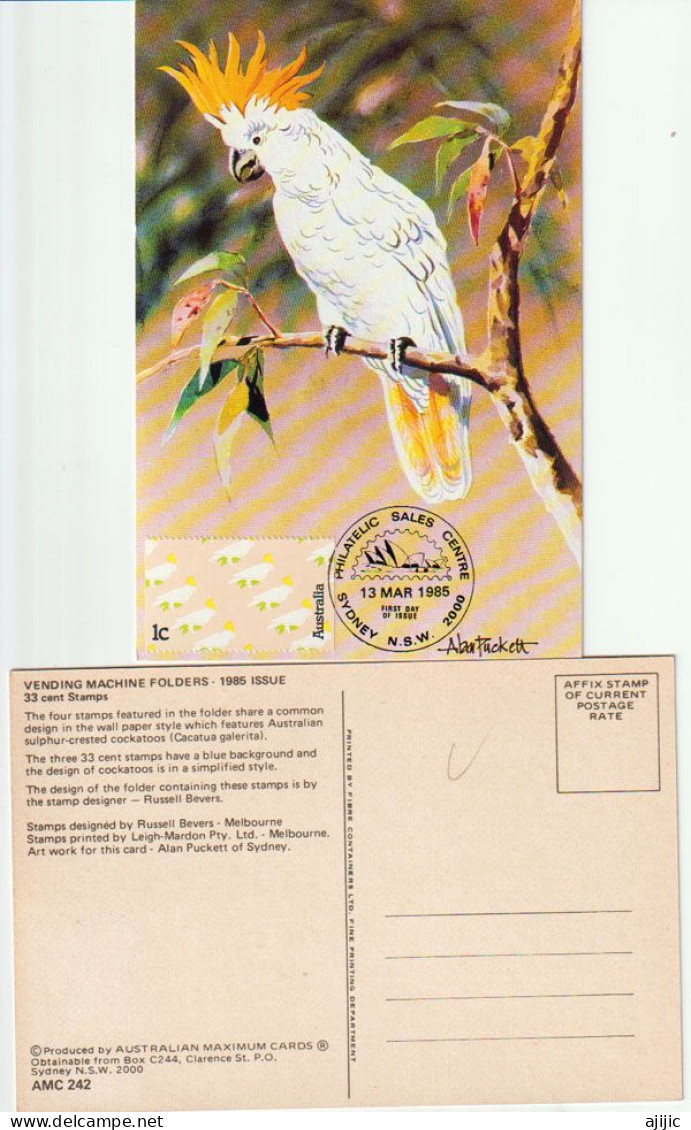 Australian Cockatoo/  Carte-maximum Premier Jour  1985. Timbre ATM (automatic Teller Machine) RARE - Papagayos