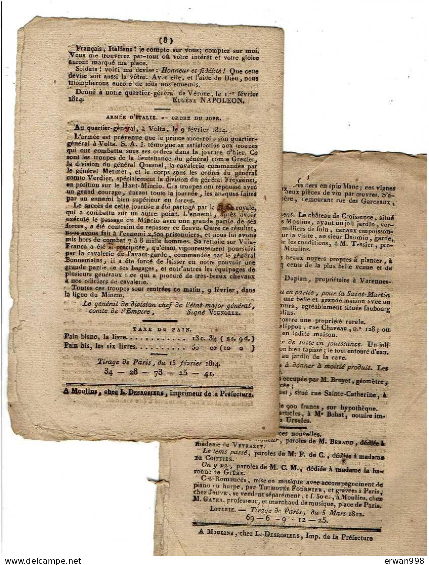 ALLIER MOULINS Bulletin Dépt (24/2/1814) Journal De L'A (22/11/1821) Annonces Judiciaires (17/2/1814) &12/3/1812 (1496) - 1800 - 1849