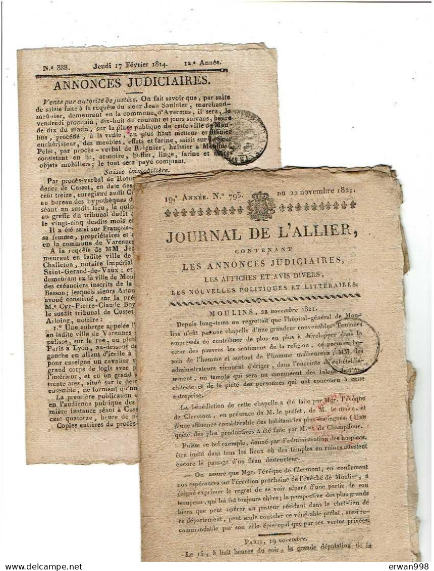ALLIER MOULINS Bulletin Dépt (24/2/1814) Journal De L'A (22/11/1821) Annonces Judiciaires (17/2/1814) &12/3/1812 (1496) - 1800 - 1849