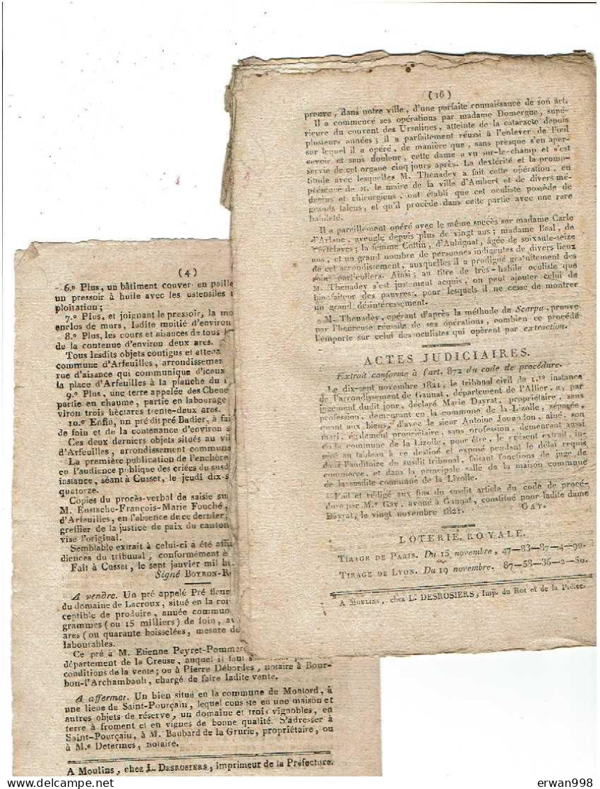 ALLIER MOULINS Bulletin Dépt (24/2/1814) Journal De L'A (22/11/1821) Annonces Judiciaires (17/2/1814) &12/3/1812 (1496) - 1800 - 1849