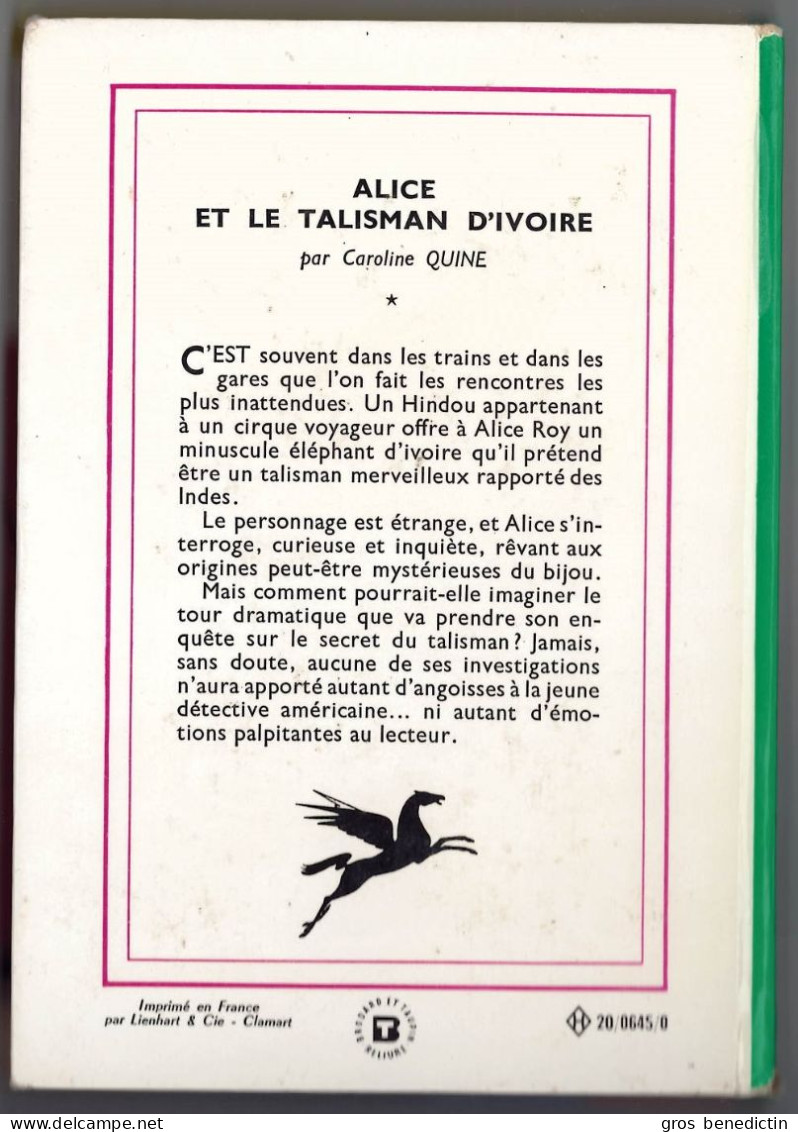 Hachette - Bibliothèque Verte N°196 - Caroline Quine - "Alice Et Le Talisman D'ivoire" - 1968 - #Ben&Alice - Bibliotheque Verte