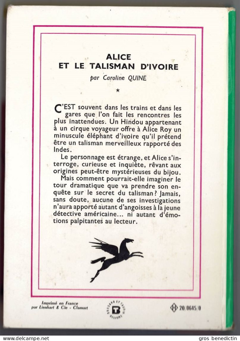 Hachette - Bibliothèque Verte N°196 - Caroline Quine - "Alice Et Le Talisman D'ivoire" - 1968 - Bibliotheque Verte