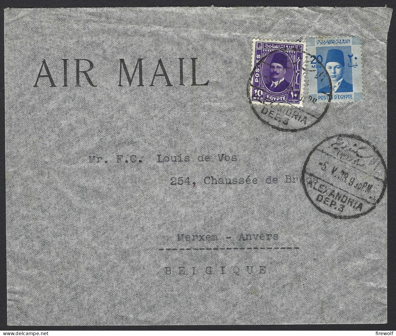 F09 - Egypt 1938 Commercial Airmail Cover Alexandria To Antwerp Belgium - Storia Postale