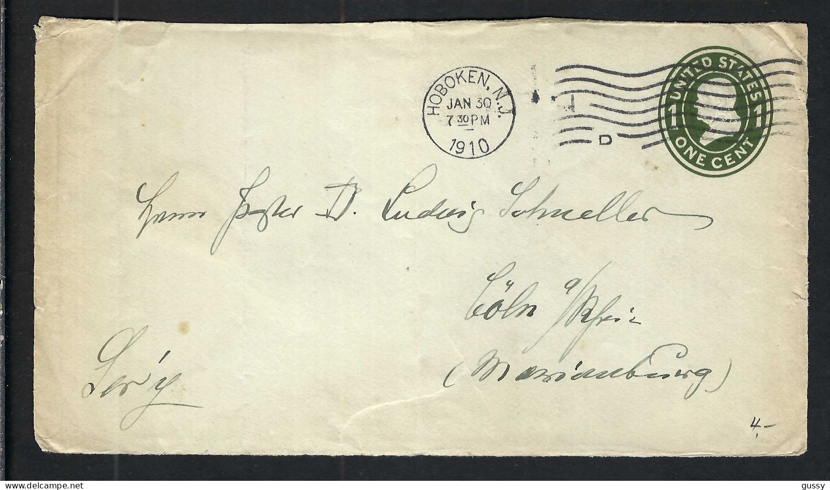 ETATS UNIS Ca.1910: DDL De LSC Entier De 1c De Hoboken (N.J.) à Cöln (Allemagne) - 1901-20
