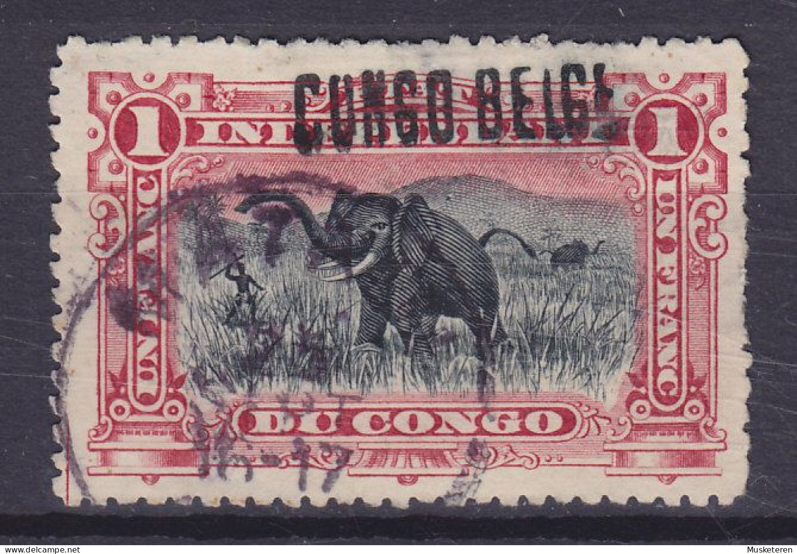 Belgian Congo 1909 Mi. 7 II, 1 Fr. Elefantenjagd ERROR Variety Surchargé Overprint 'CUNGO BELGI', MATADI Cancel - Gebraucht