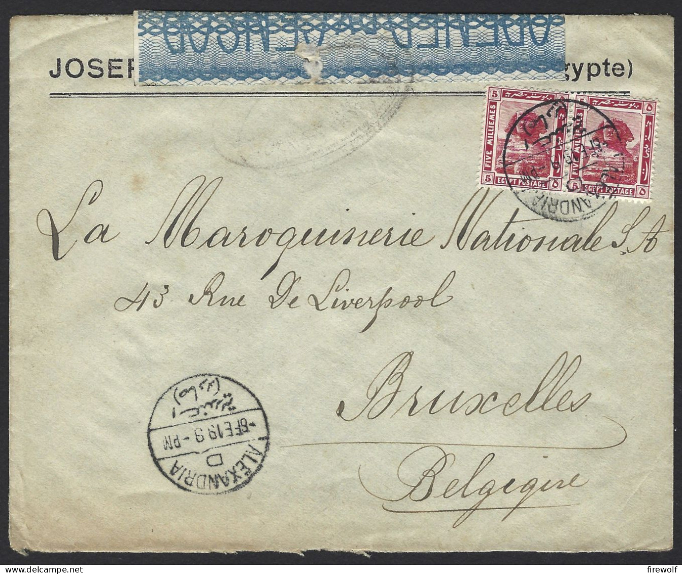 F09 - Egypt 1919 Commercial Cover -  Alexandria To Brussels Belgium - Censor Marks And Seal - 1915-1921 Protettorato Britannico