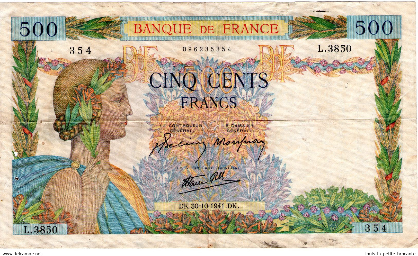 Billet France De 500 Francs 30 10 1941 "la Paix" Bel état - L3850 354 - 500 F 1940-1944 ''La Paix''