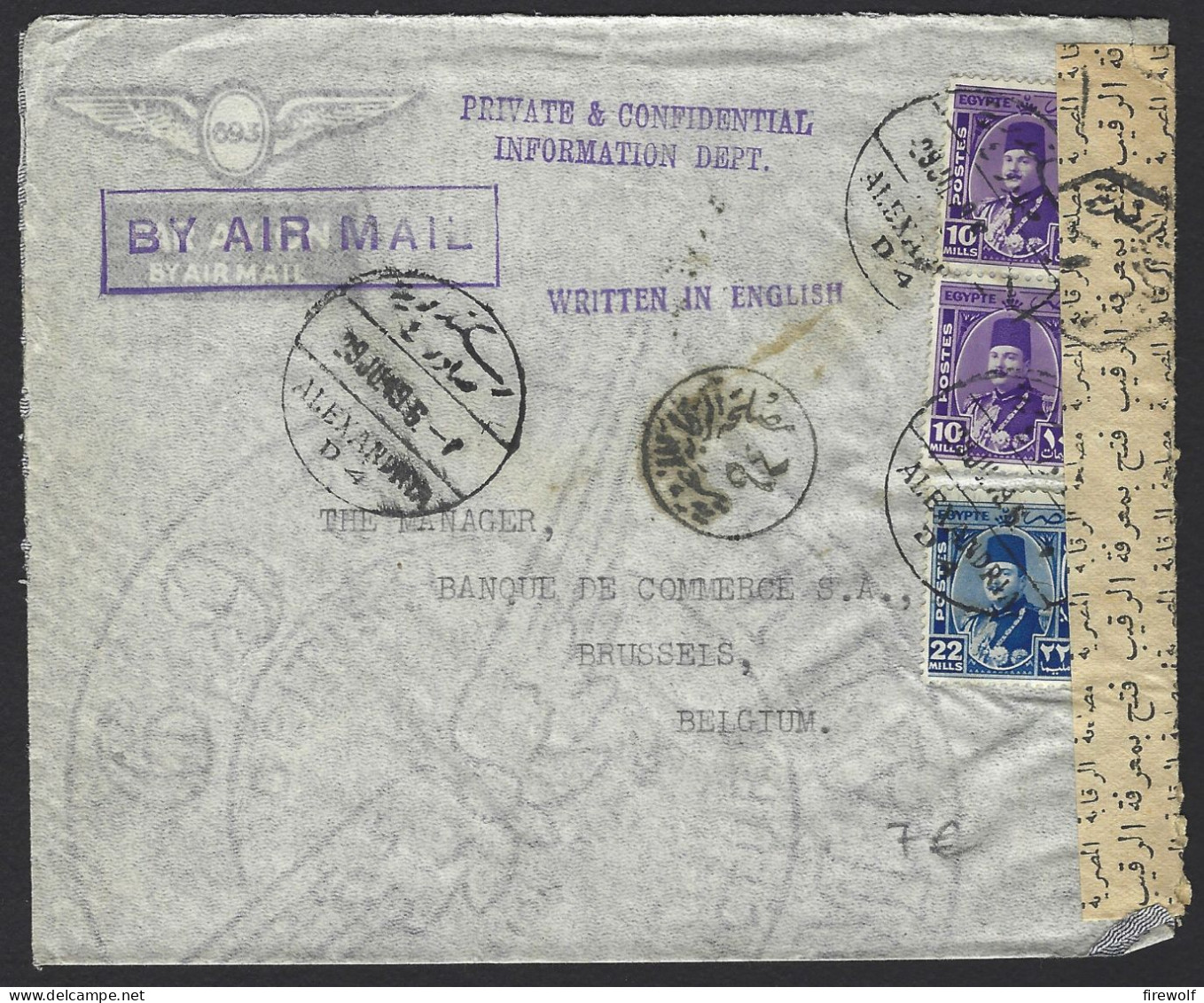 F10 - Egypt 1949 Commercial Cover Barclays Bank -  Alexandria To Brussels Belgium - Censor Marks And Seal - Storia Postale