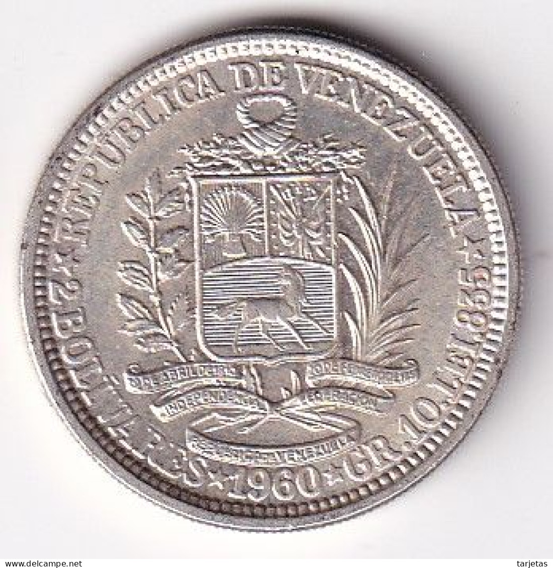 MONEDA DE PLATA DE VENEZUELA DE 2 BOLIVARES DEL AÑO 1960 (COIN) SILVER-ARGENT - Venezuela