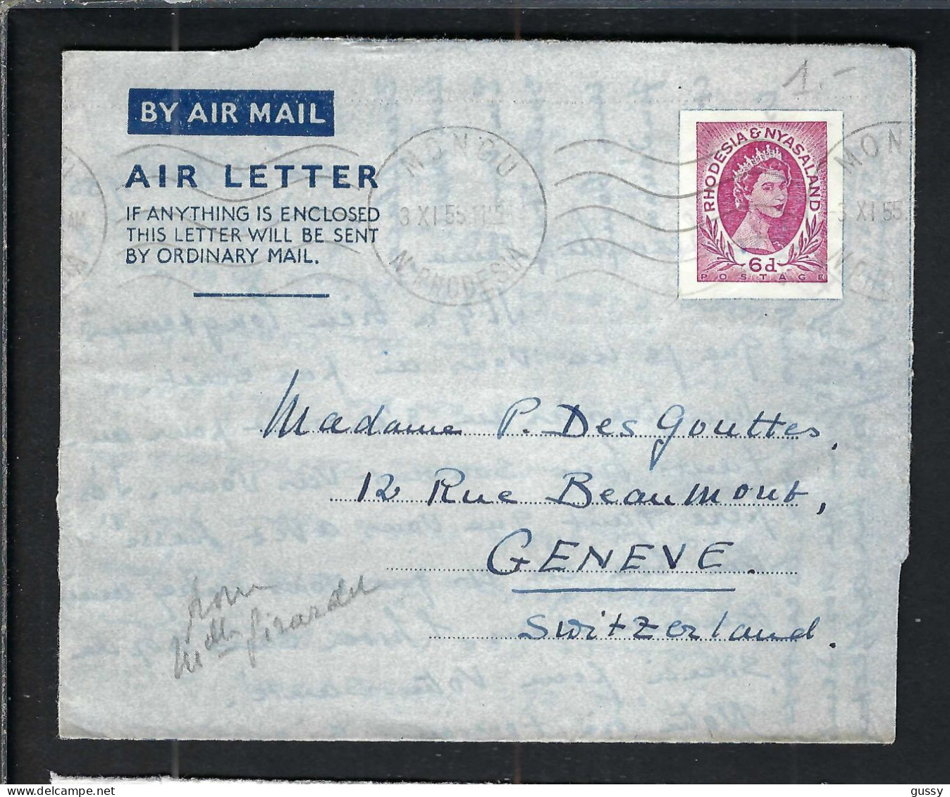 RHODESIE-NYASSALAND Ca.1955: Aérogramme Entier De 6d Pour Genève (Suisse) - Rhodesië & Nyasaland (1954-1963)