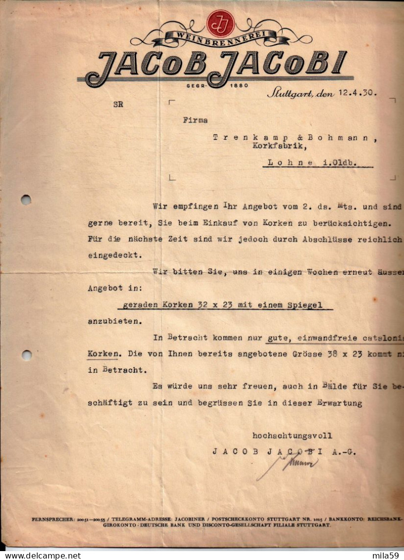 Weinbrennerei Jacob Jacobi. Stuttgart. Für Firma Trenkamp & Bohmann, Korfabrick, Lohne. 1930. - 1900 – 1949