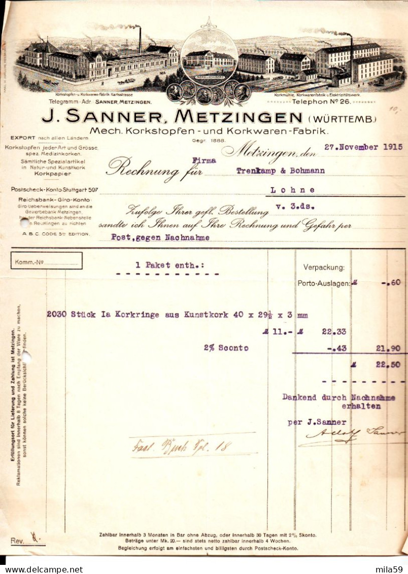 J. Sanner, Metzingen. Mech. Korkstopfen Und Korkwaren Fabrik. Für Firma Trenkamp & Bohmann, Korkfabrick, Lohne. 1930. - 1900 – 1949