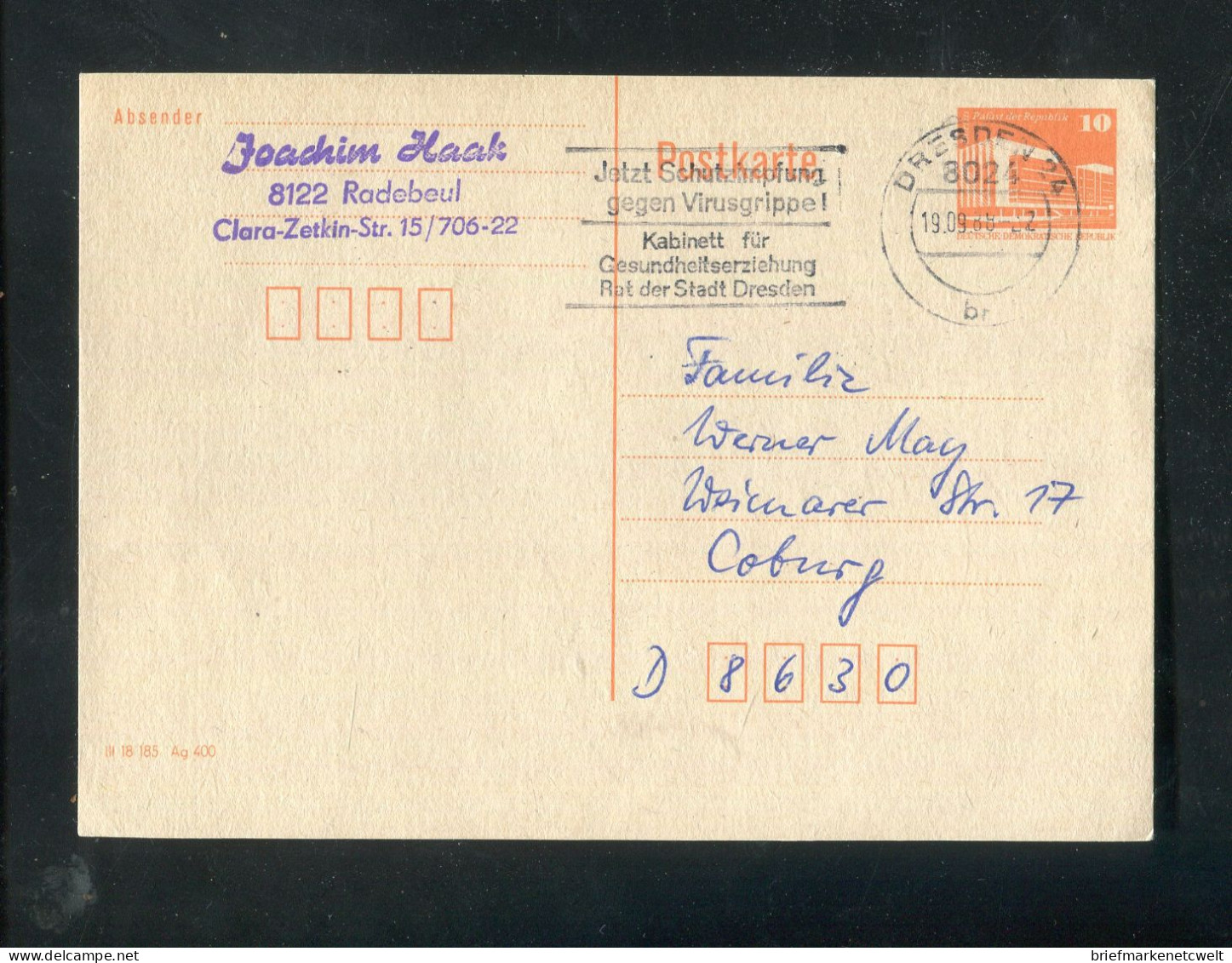 "DDR" 1988, Stempel "DRESDEN, Jetzt Schutzimpfung Gegen Virusgrippe" Auf Postkarte (60010) - Postcards - Used