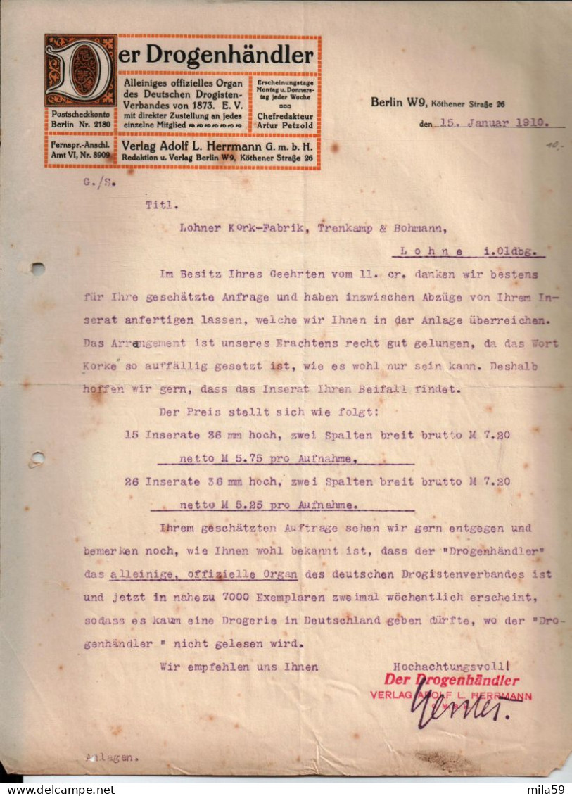 Der Drogenhändler. Verlag Adolf L. Herrmann. Berlin.  Für Firma Trenkamp & Bohmann, Korkfabrick, Lohne. 1910. - 1900 – 1949