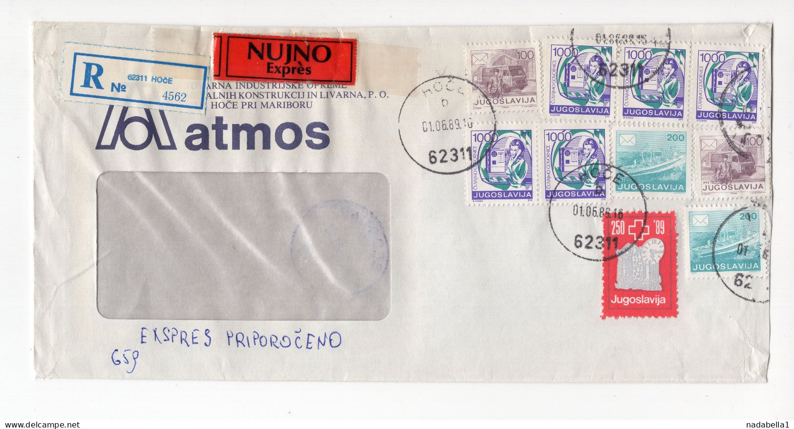 1989.YUGOSLAVIA,SLOVENIA,HOČE,EXPRESS RECORDED COVER,RED CROSS,SENT TO BELGRADE - Covers & Documents