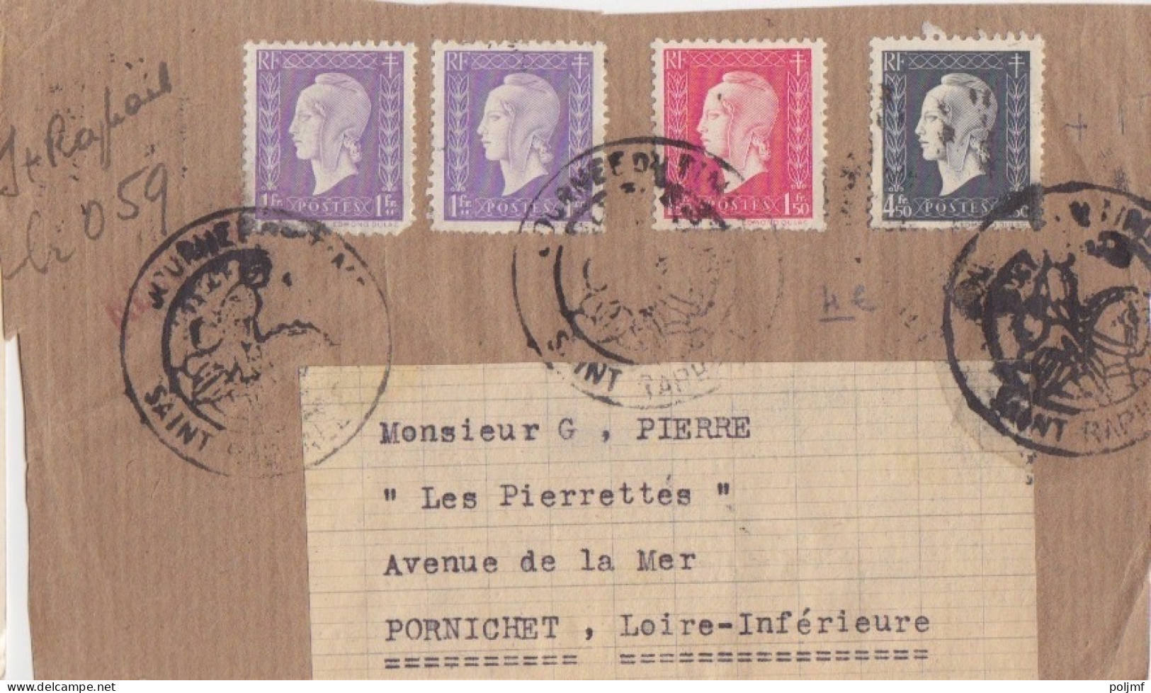 Fg De Lettre Du 3° éch. Obl. Journée Du Timbre St Raphaél Le 15/3/47 Sur 1f X 2, 1f50 Et 4f50 Dulac N° 689, 691, 696 - 1944-45 Marianne Of Dulac