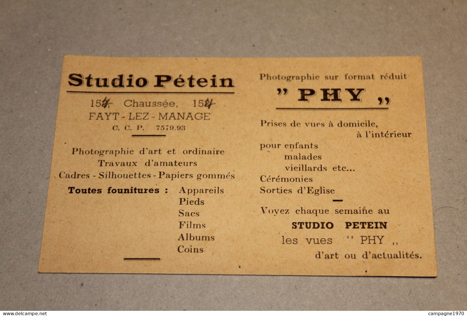 CARTE PUB FORMAT CPA - FAYT LEZ MANAGE - STUDIO PHOTOGRAPHIE PETEIN ( VERS 1930 ) - Manage