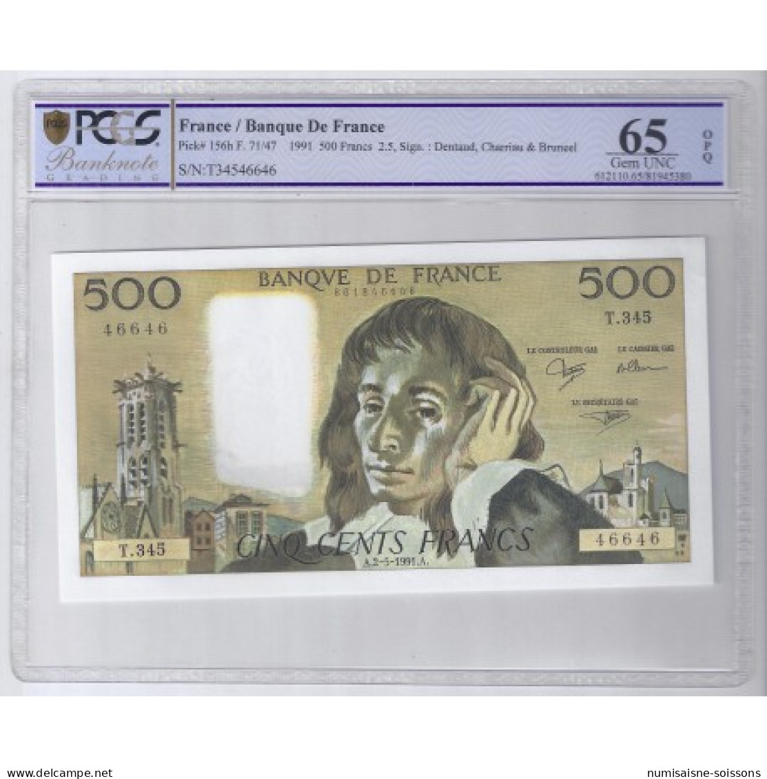 FAY 71/47 - 500 FRANCS PASCAL - 02/05/1991 - T.345 - PICK 156 - PCGS MS 65 - FDC - 500 F 1968-1993 ''Pascal''