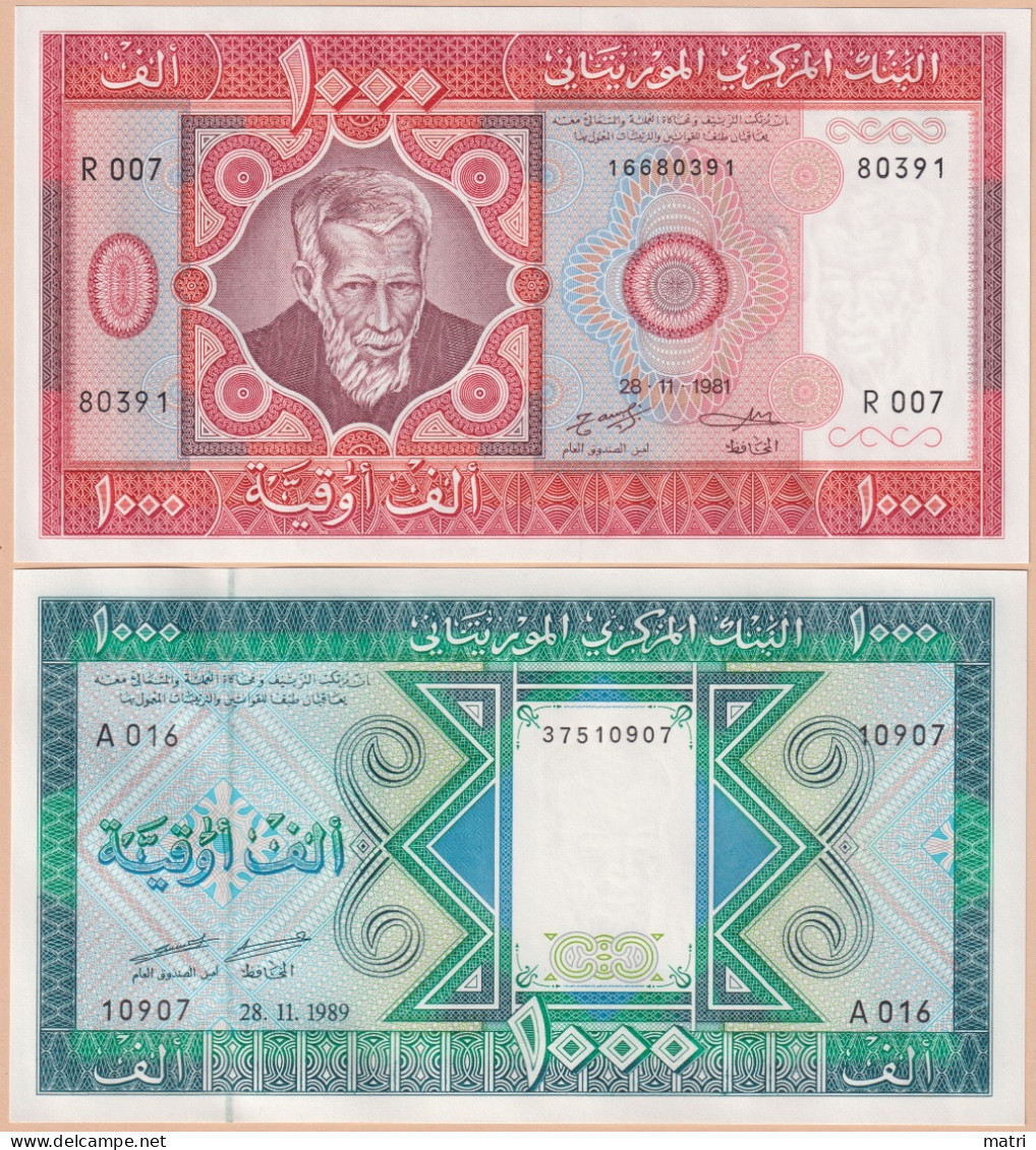 Mauritania Set Of 2 Unissued Banknotes - 1000 Ouguiya 1981 P-3D, 1000 Ouguiya 1989 P-7A UNC - Mauritanien
