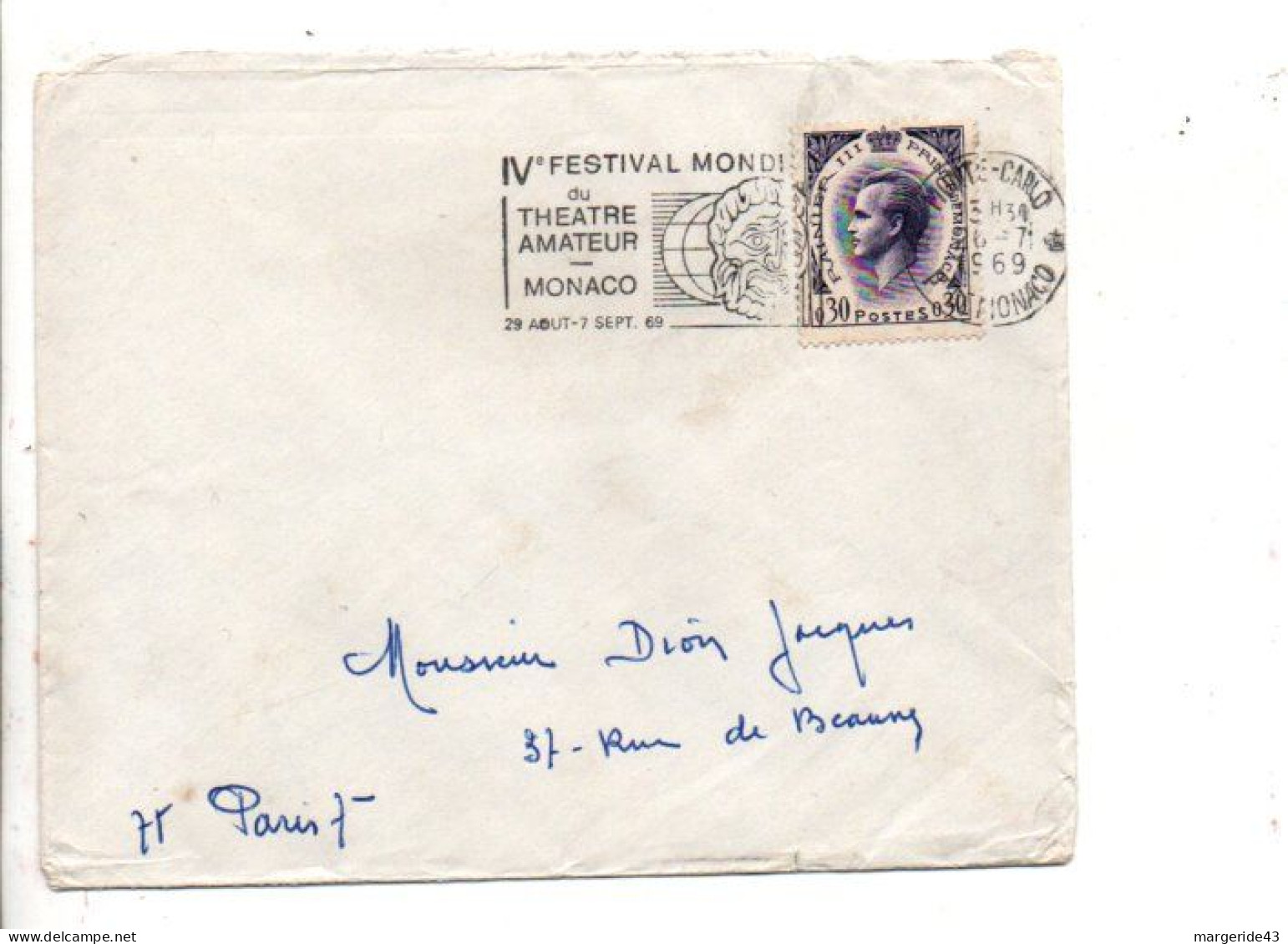 MONACO SEUL SUR LETTRE POUR LA FRANCE 1969 - Briefe U. Dokumente