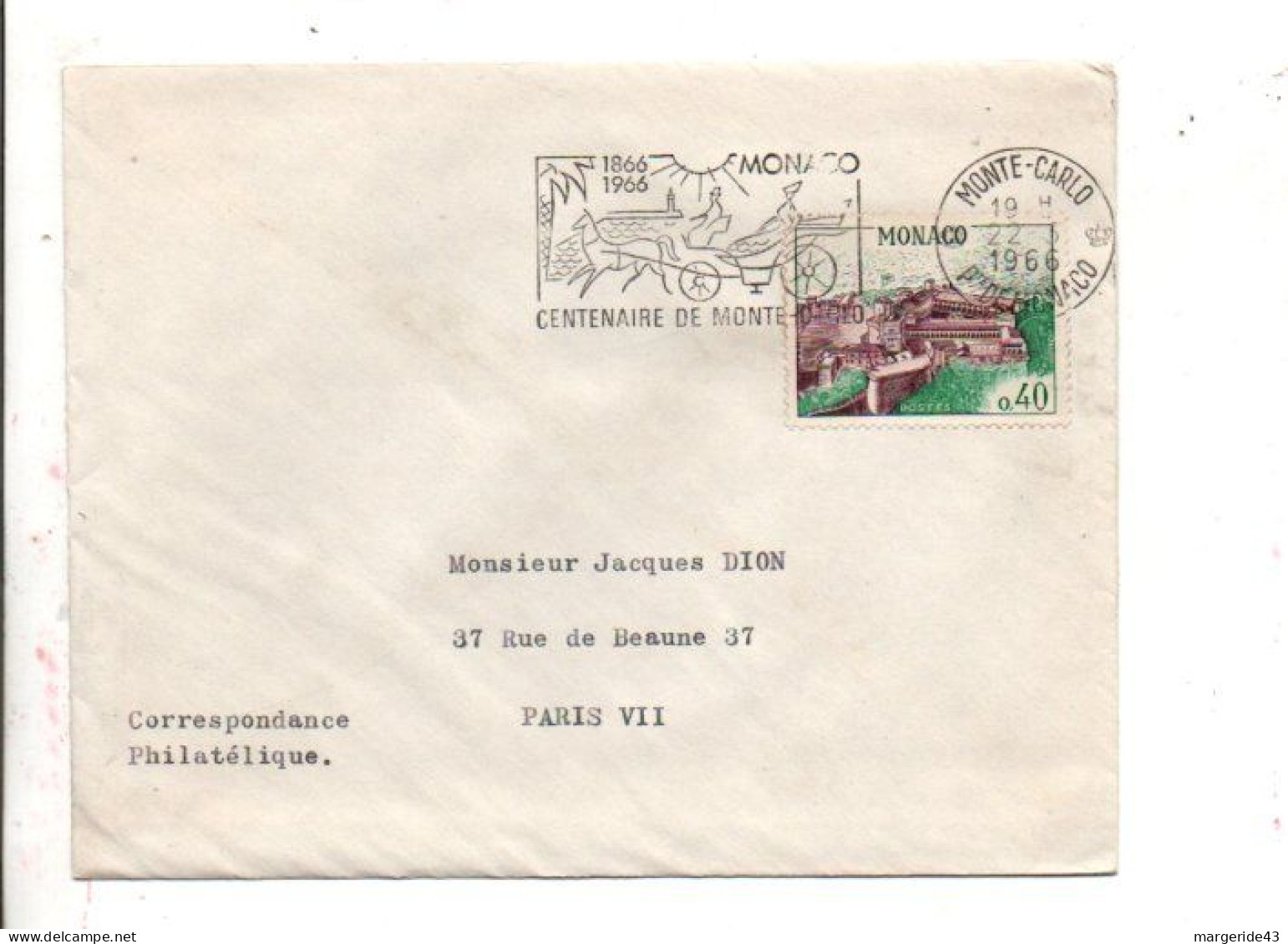 MONACO SEUL SUR LETTRE POUR LA FRANCE 1966 - Brieven En Documenten