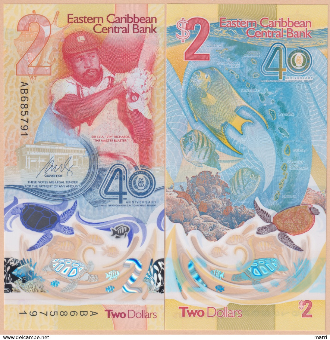 East Caribbean States 2 Dollars 2023 40th Anniversary Of Eastern Caribbean Central Bank P#W61 UNC - East Carribeans