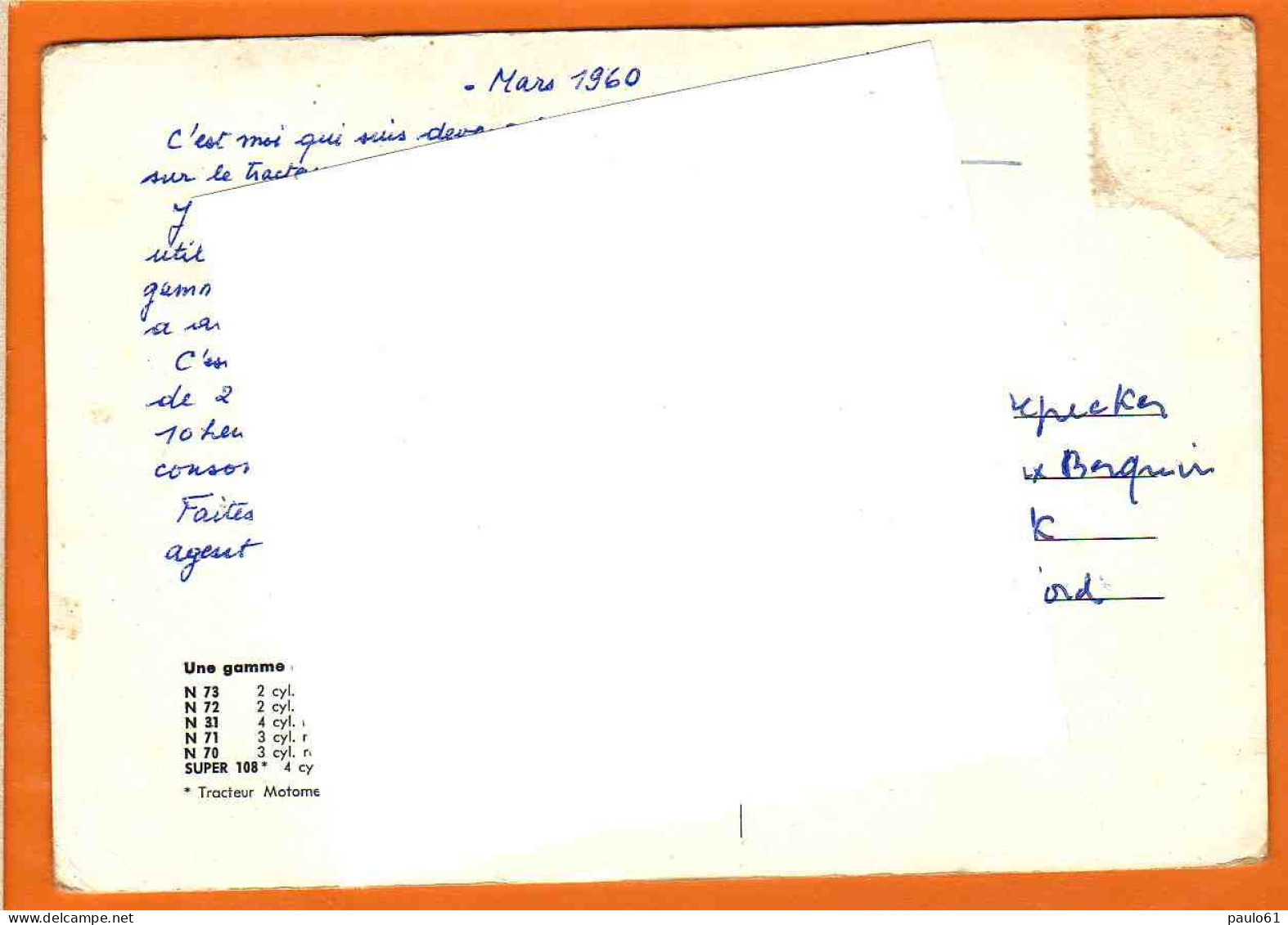 LE TRACTEUR En Gros Plan  ; Tracteur N72 25CV 1960 ;avec Explication Au Verso  ; Recto Verso - Trattori