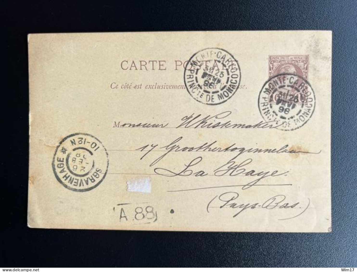 MONACO 1898 POSTCARD MONTE CARLO TO 'S GRAVENHAGE 25-02-1898 - Postal Stationery