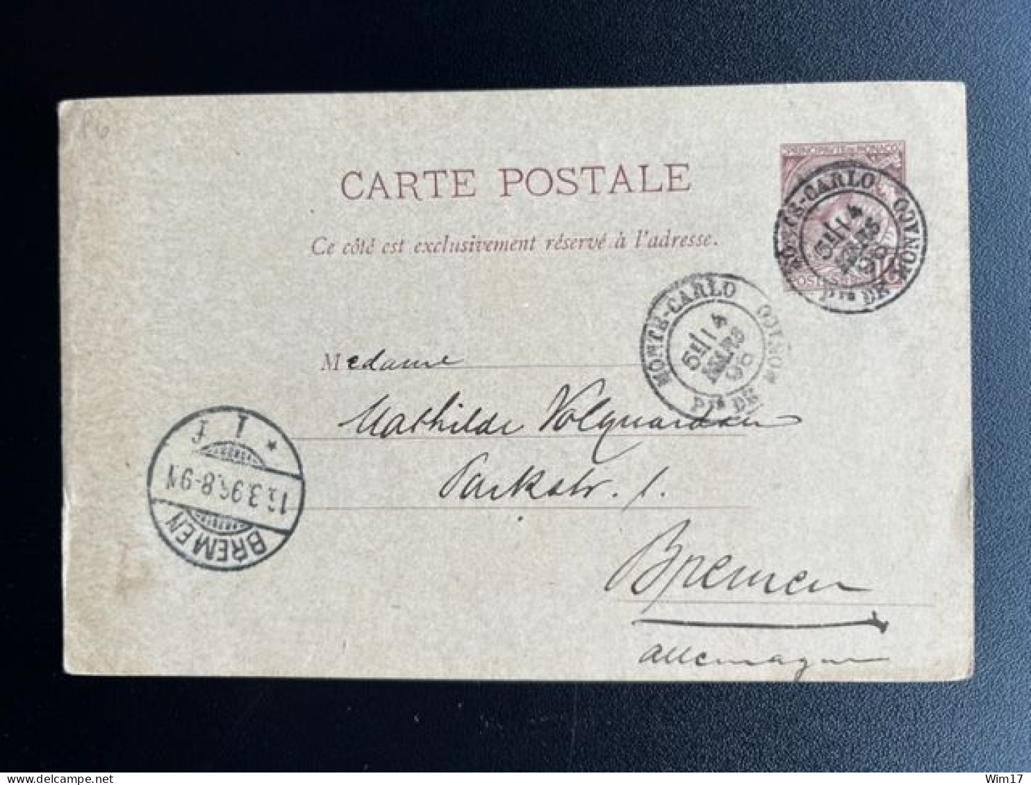 MONACO 1896 POSTCARD MONTE CARLO TO BREMEN 14-03-1896 - Postal Stationery