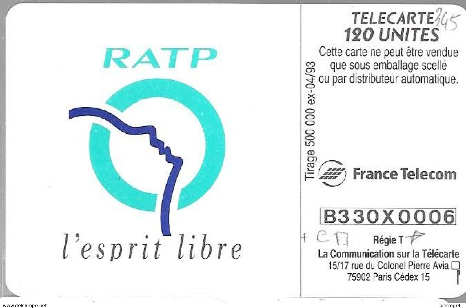 CARTE-PUBLIC-120U-F345-Gem A.2e Logo-04/93-RATP-V° Série B330X0006-UTILISE-TBE - 1993