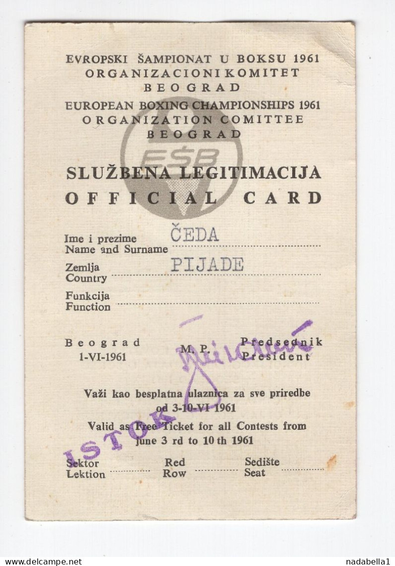 1961. YUGOSLAVIA,SERBIA,BELGRADE,EUROPEAN BOXING CHAMPIONSHIP,OFFICIAL CARD - Uniformes, Recordatorios & Misc